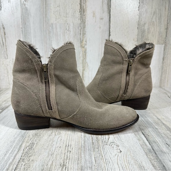 Seychelles Lucky Penny Taupe Suede Faux Fur Ankle Boot Double Zip Size #1075 - Picture 8 of 13